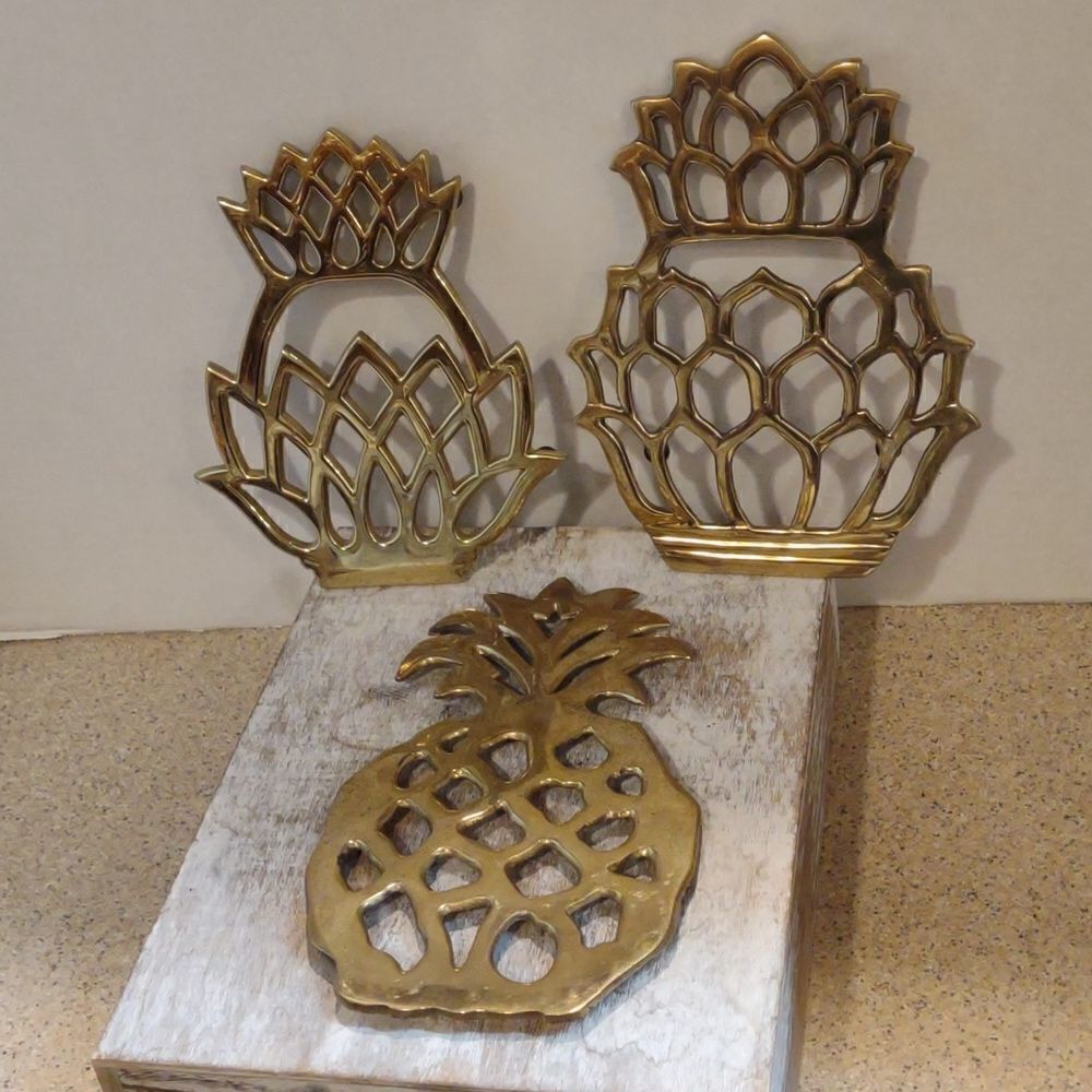 👍 Set of Three Brass Pineapple trivets.  C7